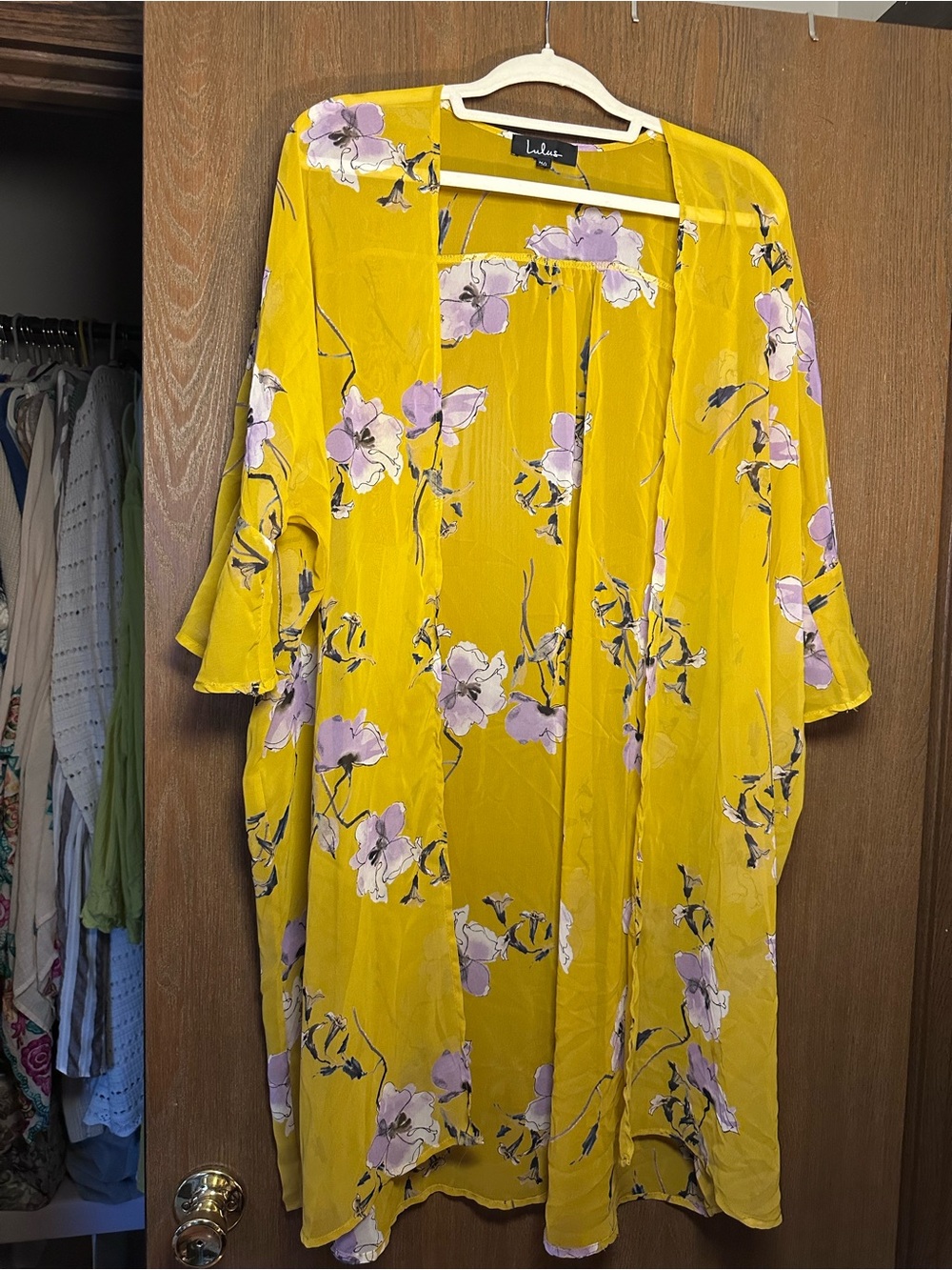 Lulu's Mustard Yellow Floral Blouse with Lavender Accents